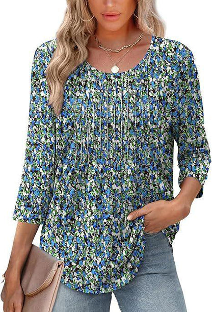 New Women's Long Sleeved Top, Fashionable And Casual Pleated Low Round Neck Women's T-shirt - Gizmo Galaxy