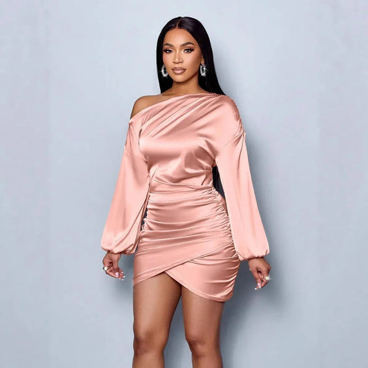 Womens Solid-Color One-Shoulder Long-Sleeve Satin Dress - Gizmo Galaxy