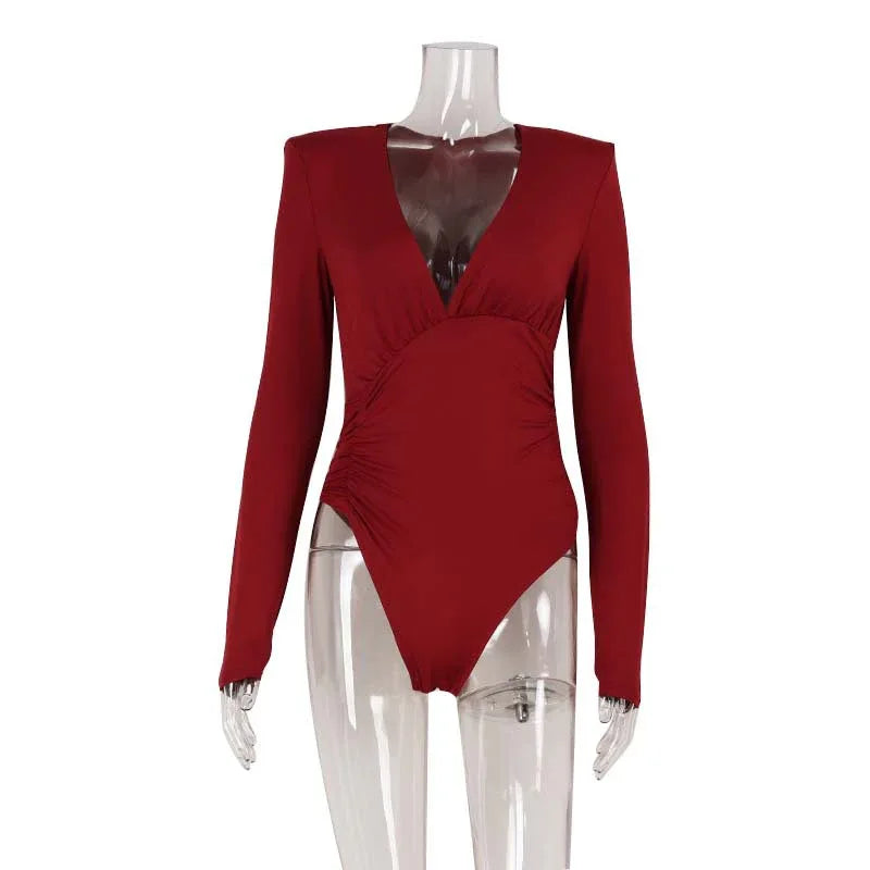 Solid Color High-end Deep V Long-sleeve Padded Shoulder High-elastic Skin-tight Slimming Bodysuit - Gizmo Galaxy