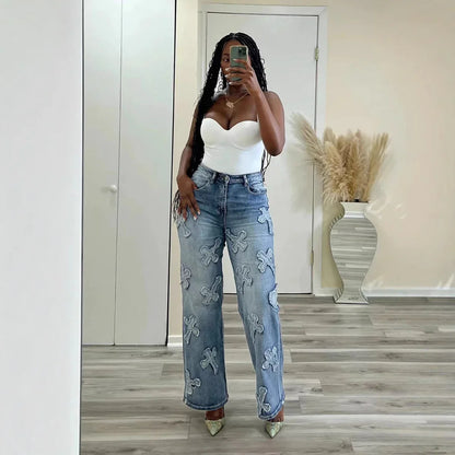 Vintage Washed Denim Fringe Cross Patch Straight Women's Jeans - Gizmo Galaxy