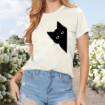 Women's Black Cat Print Round Neck T-Shirt - Cute Casual Short Sleeve Summer Top - Gizmo Galaxy