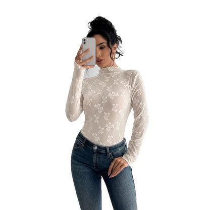 Butterfly Jacquard Mesh Slim Fit Stand-up Collar Long-sleeved - Gizmo Galaxy