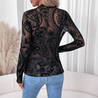 Women Paisley Flocked Printed Mesh Fungus Long Sleeve T-shirt - Gizmo Galaxy