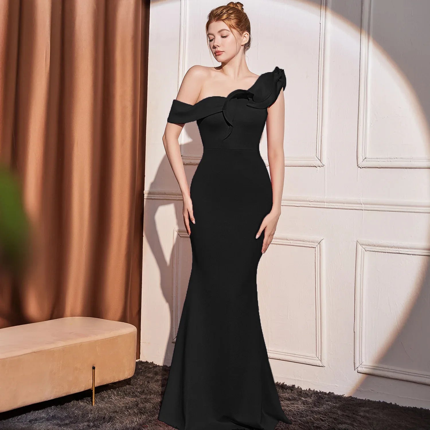 High-end Slant Shoulder Slimming Long Dress - Gizmo Galaxy