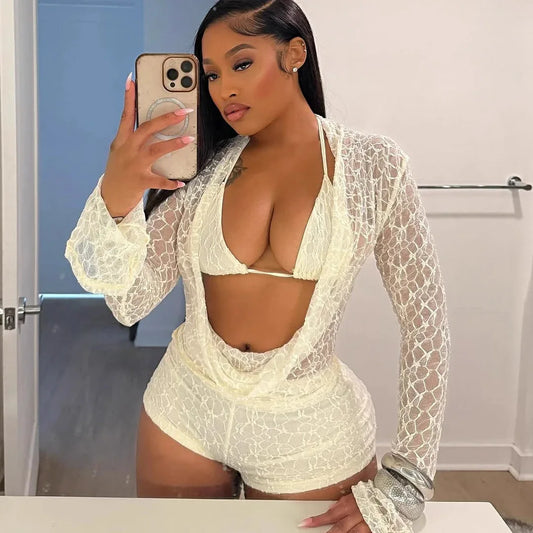 Women's Lace Hollow-out Halter Neck Camisole And Slim-fit Shorts Three-piece Set - Gizmo Galaxy