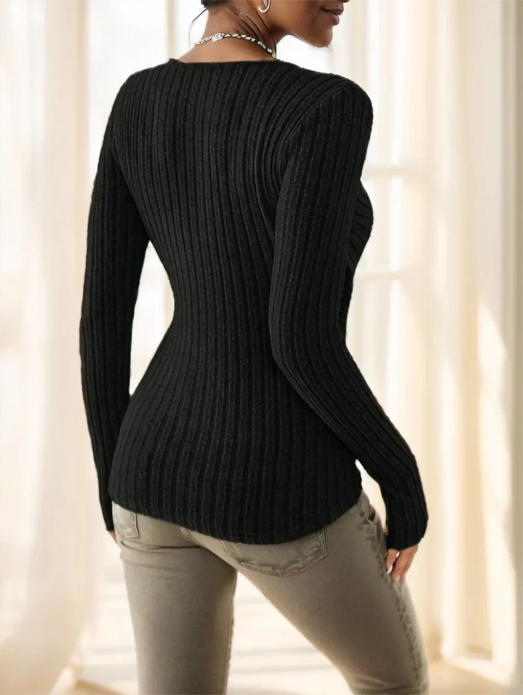 Women'S Solid Color Long Sleeve V-Neck Button T-Shirt Top - Gizmo Galaxy