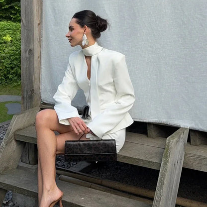Turtleneck V-neck Long-sleeve Waist-cinching Suit Jacket And Sheath Skirt Two-piece Set - Gizmo Galaxy
