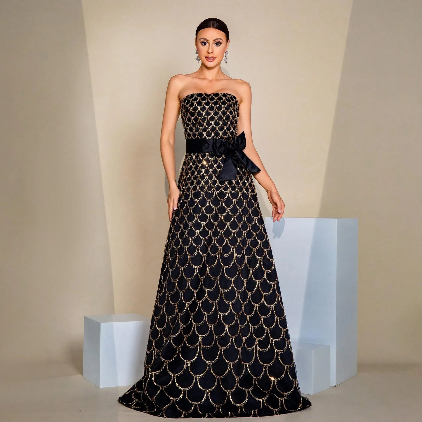 Off-neck Wrapped Chest Nipped-waist Large Swing Sequined Evening Dress - Gizmo Galaxy