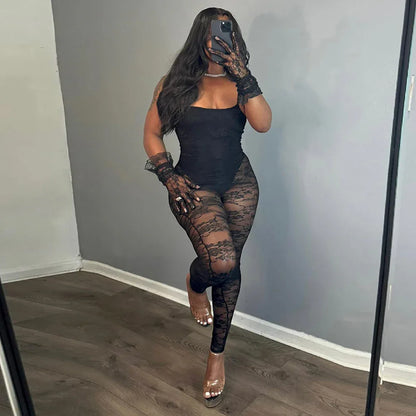 Sexy Women Clothing Sling Style Stitching Sheer Cutout High Elasticity Jumpsuit - Gizmo Galaxy