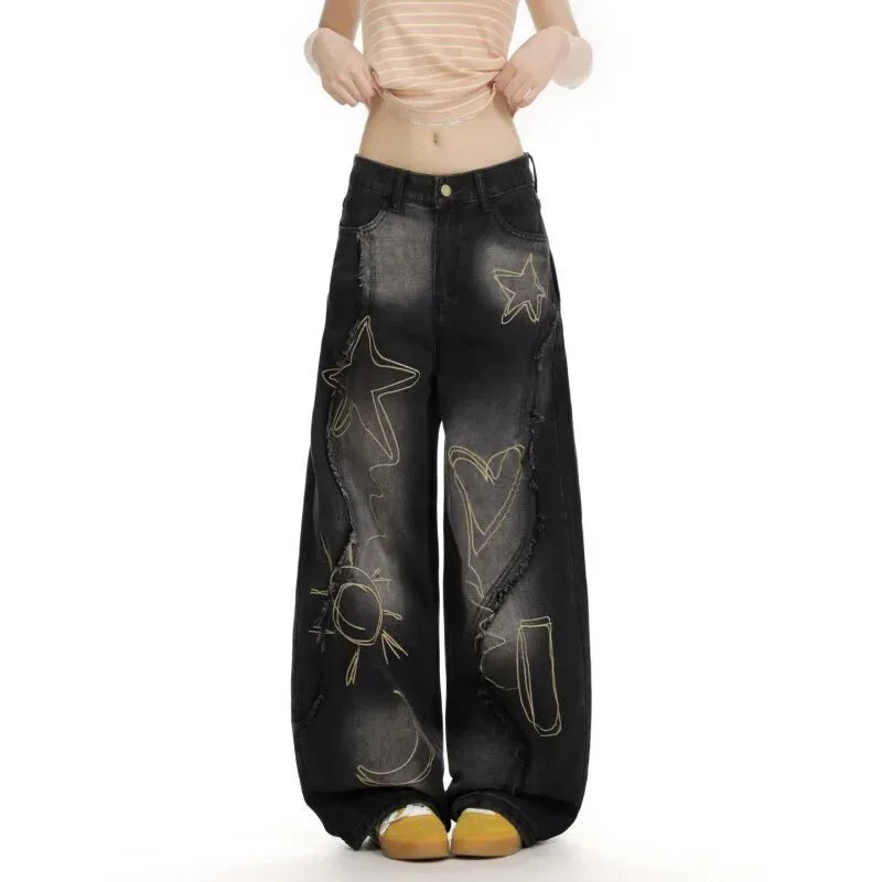 Women's High Waist Ripped Jeans Slim Fit Wide Leg Floor-Length Pants - Gizmo Galaxy