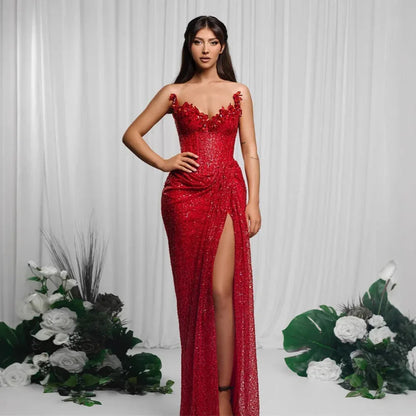 Drop-shaped Diamond Sexy Low-cut High Sitt Red Paillette Tube Coat And Dress - Gizmo Galaxy