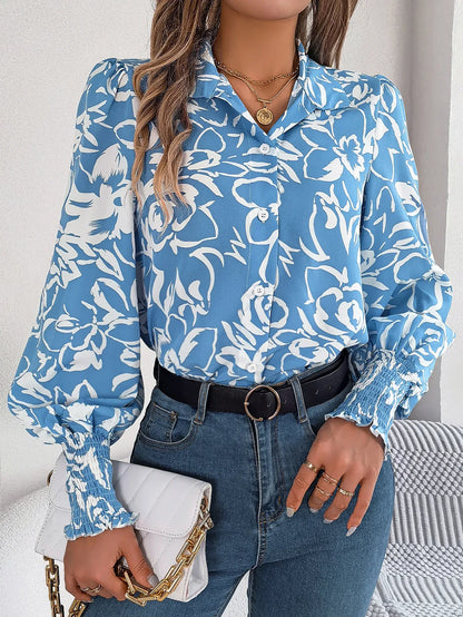 Women's Elegant Color-Blocked Floral Lantern Sleeve Lapel Shirt - Gizmo Galaxy