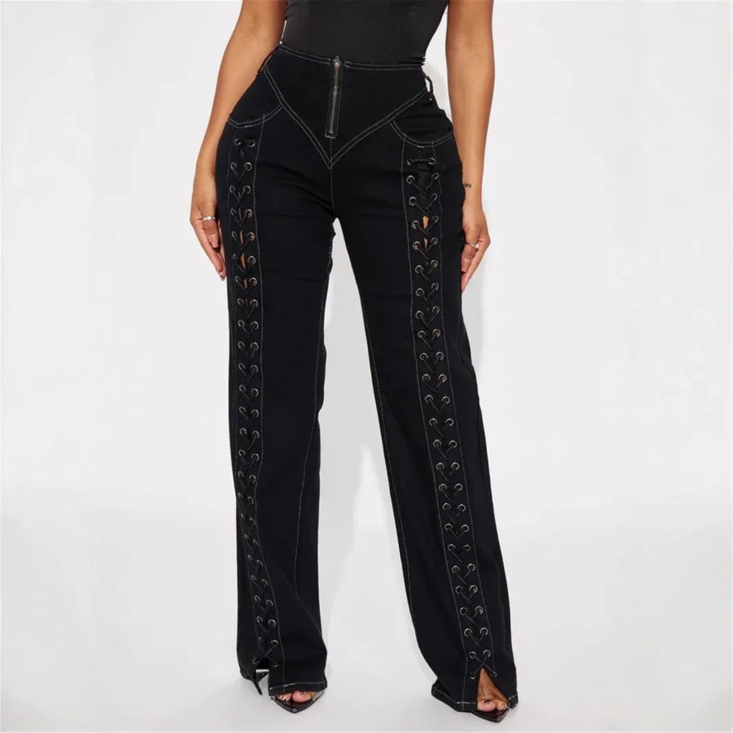New Low Waist Hollow Lace-up Wide-leg Jeans For Women - Gizmo Galaxy
