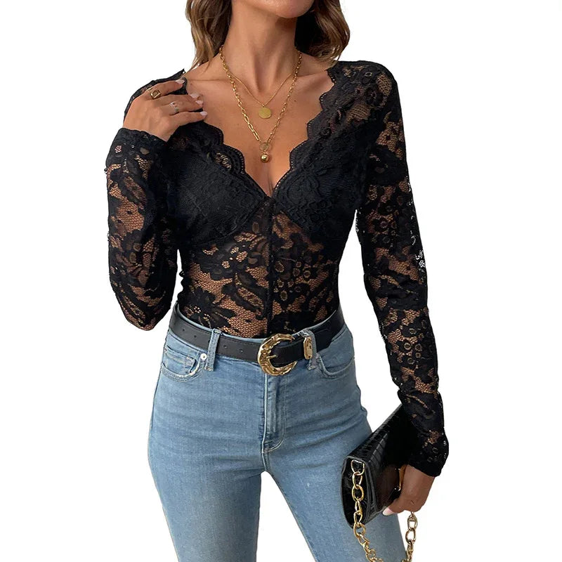 Sexy Elegant Graceful Solid Color Long Sleeve Lace Jumpsuit - Gizmo Galaxy