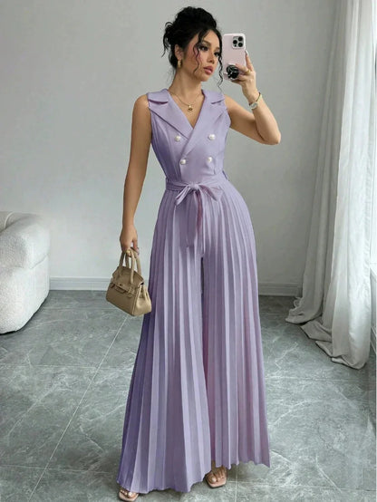 Suit Collar Bow Tie Belted Waist Pleated Jumpsuit - Gizmo Galaxy