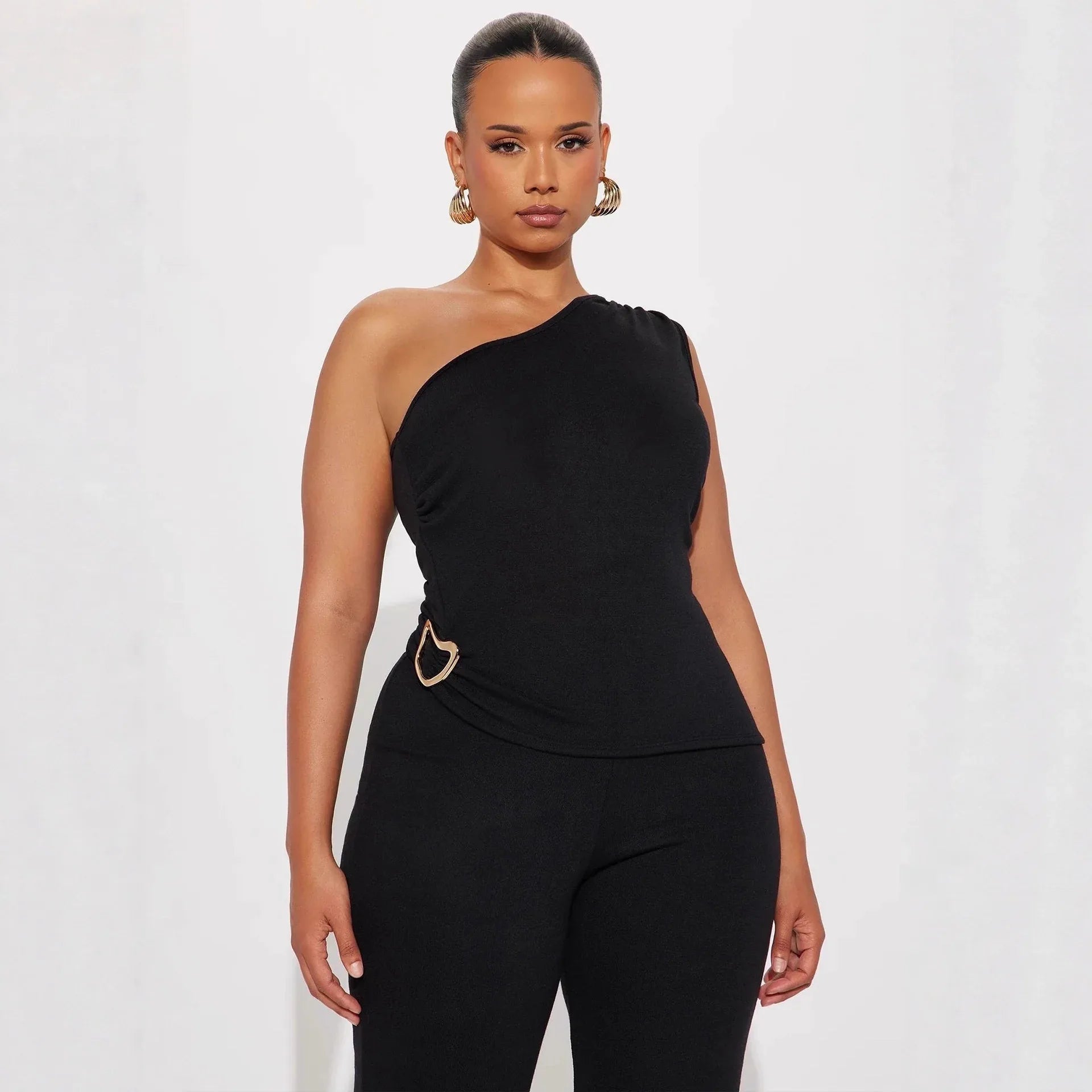 Fashionable Solid-Color Slim-Fit Asymmetrical-Neck Tops And Pants Set That Flatters Your Figure - Gizmo Galaxy