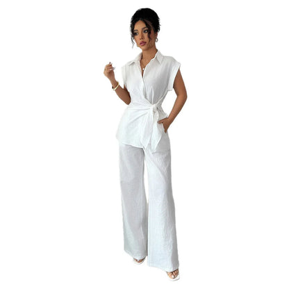 Womens Solid-Color Elegant High-End Short-Sleeve Vest And Pants Set - Gizmo Galaxy