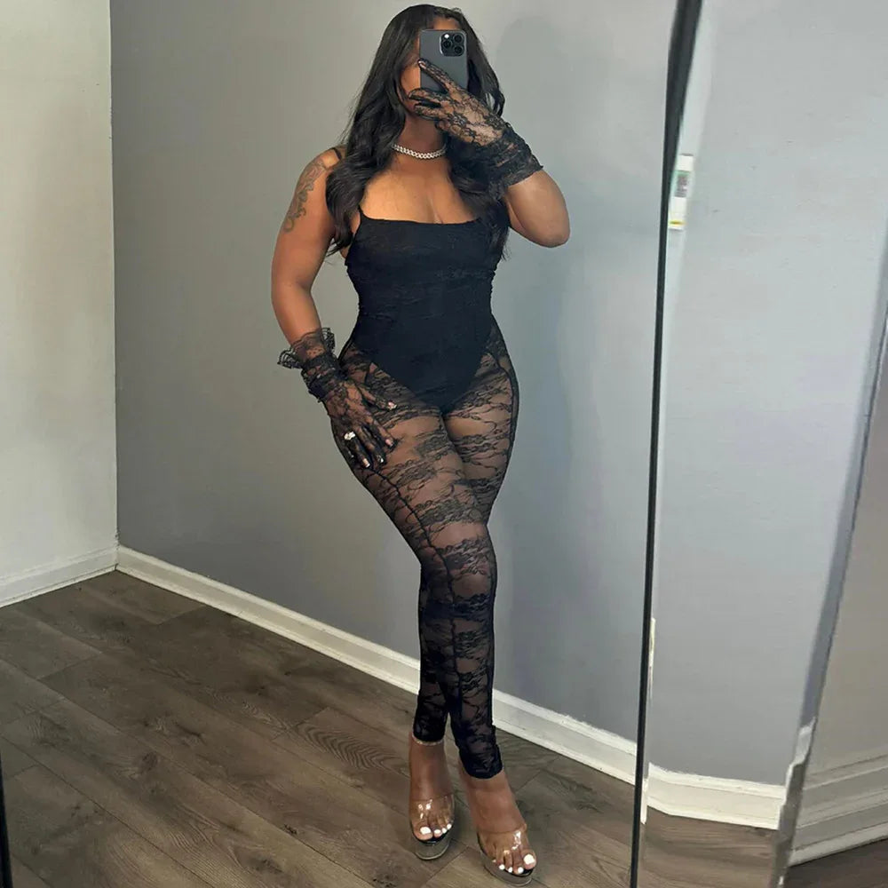 Sexy Women Clothing Sling Style Stitching Sheer Cutout High Elasticity Jumpsuit - Gizmo Galaxy
