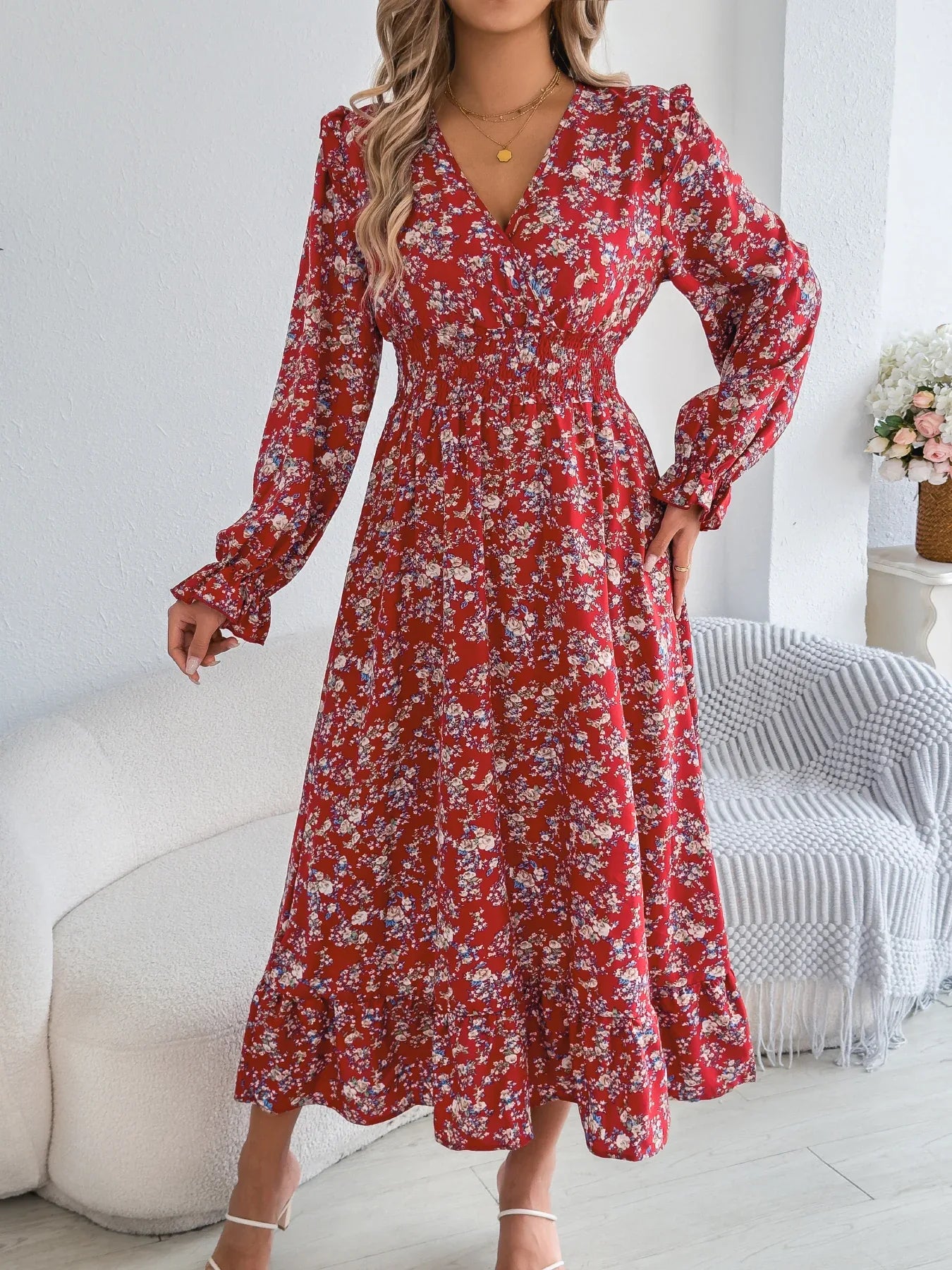 Women's Elegant Floral Cross V-Neck Waist-Defined Hem Ruffle Maxi Dress - Gizmo Galaxy