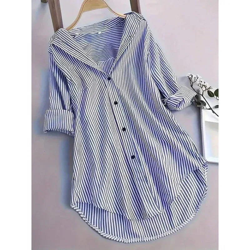 Women Oversized Button Down Striped Shirts Casual Long Sleeve Boyfriend Blouse Top - Gizmo Galaxy