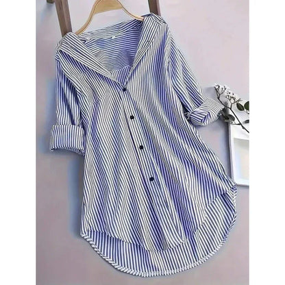 Women Oversized Button Down Striped Shirts Casual Long Sleeve Boyfriend Blouse Top - Gizmo Galaxy