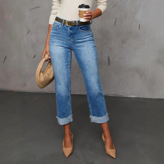 Cuffed Capri Pants, Fashionable Stretchy Whiskered Denim Jeans - Gizmo Galaxy