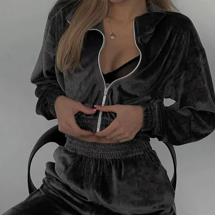 Fashion Women's Long-sleeve Lapel Zip-up Cardigan Hoodie Fleece Sweater Trousers - Gizmo Galaxy