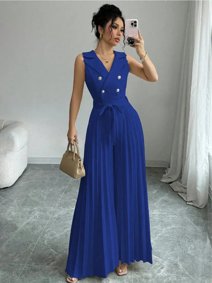 Suit Collar Bow Tie Belted Waist Pleated Jumpsuit - Gizmo Galaxy