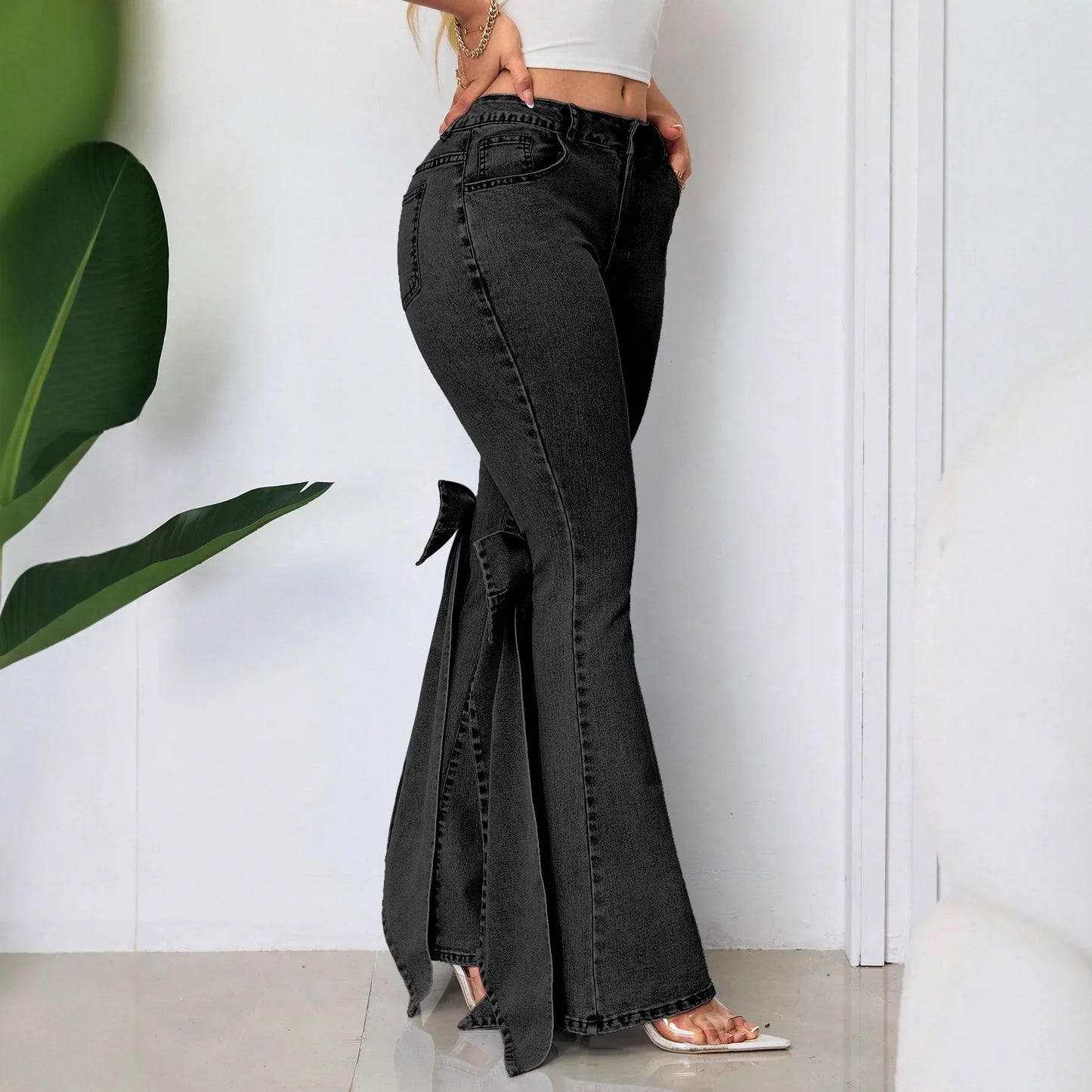 European And American Retro Three-dimensional Bow Slim-fit Mid-stretch Mop Horn Denim Trousers - Gizmo Galaxy