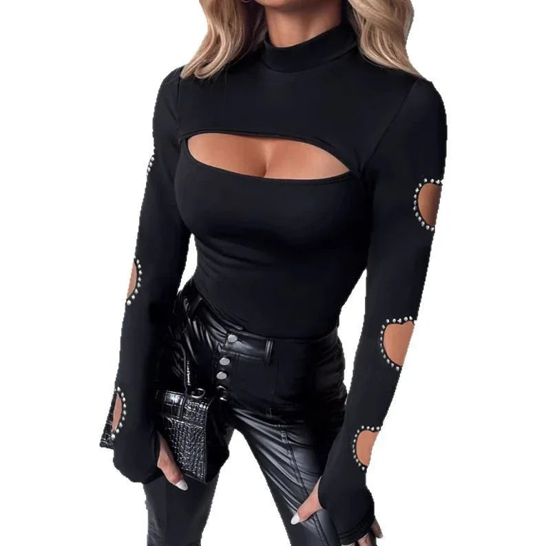 New Slim Fit Hollowed Heart Shape Long Sleeve Top Women's Clothing - Gizmo Galaxy