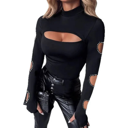New Slim Fit Hollowed Heart Shape Long Sleeve Top Women's Clothing - Gizmo Galaxy