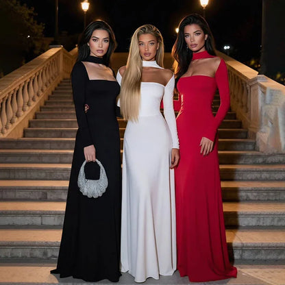 Valentine's Day Women's Solid-Color Fashion Strapless Long-Sleeve Waist-Cinching Dress - Gizmo Galaxy