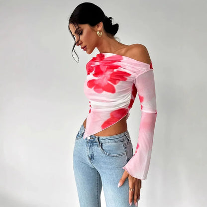 Women's Tie-dye Gradient Floral Mesh Floral Print Top - Gizmo Galaxy