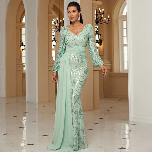 Long Sleeve Sexy Long Sequined V-neck Banquet Ribbon Evening Dress - Gizmo Galaxy