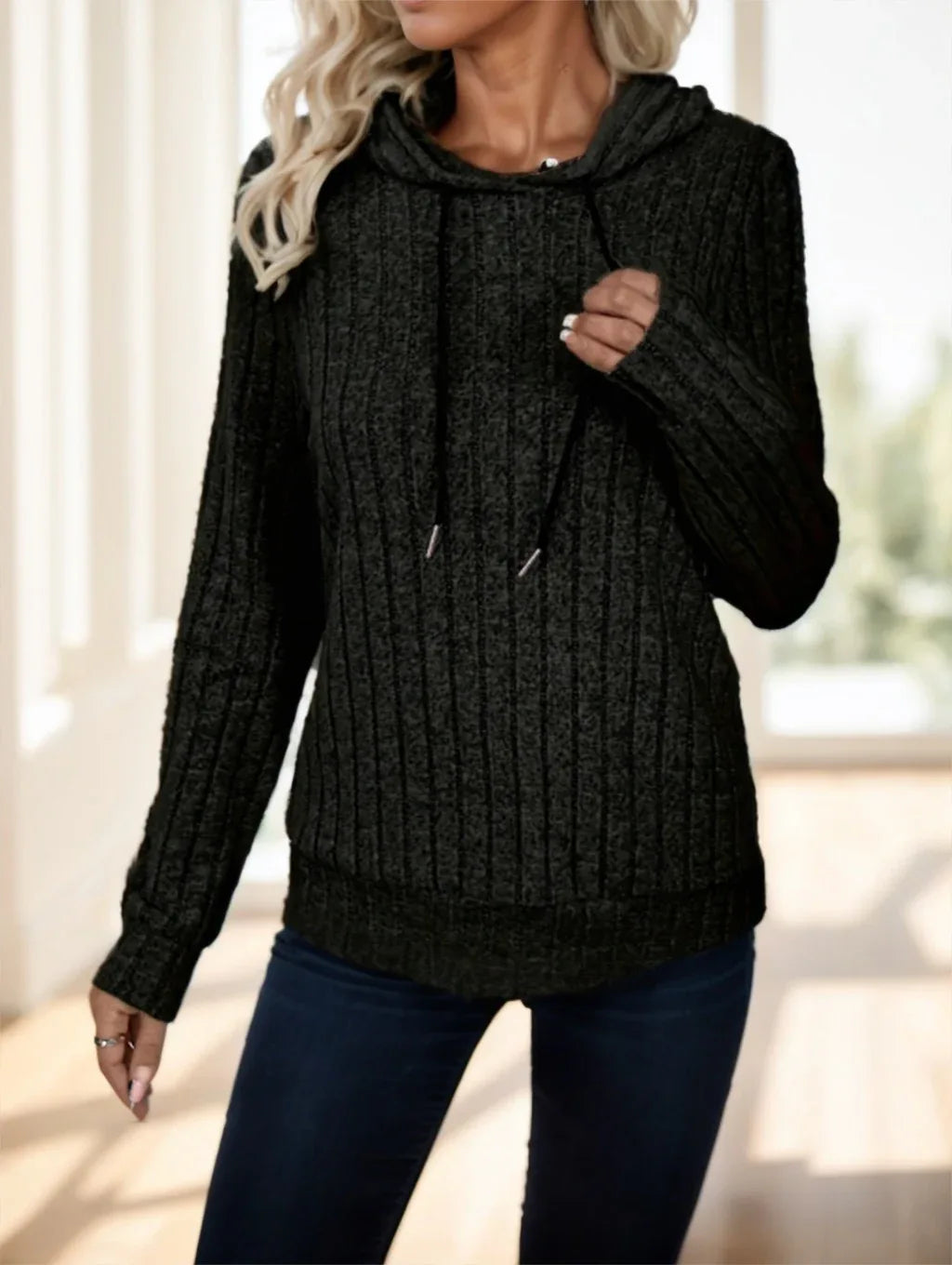 Solid Color Drawstring Ribbed Hoodie - Gizmo Galaxy