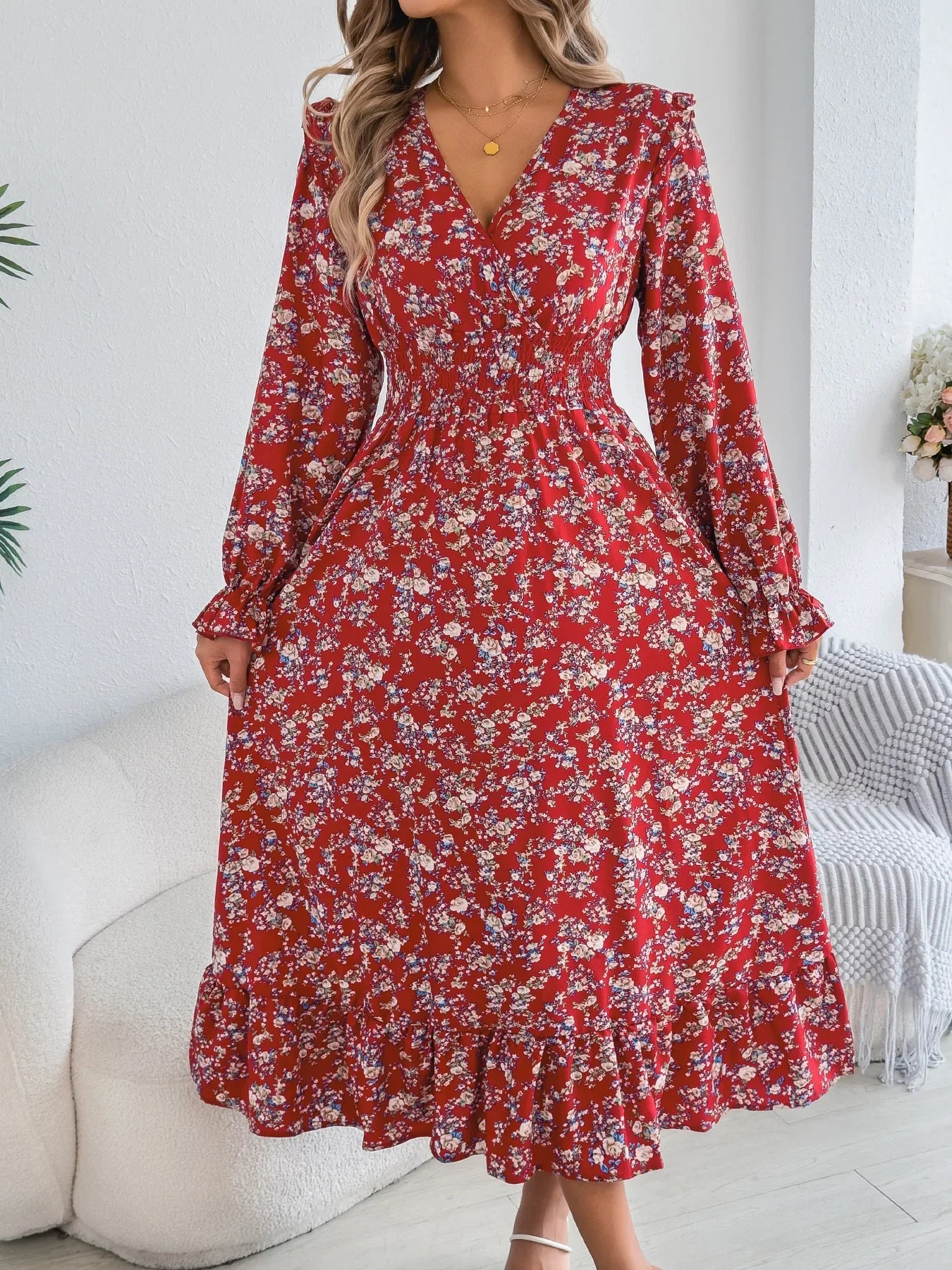 Women's Elegant Floral Cross V-Neck Waist-Defined Hem Ruffle Maxi Dress - Gizmo Galaxy
