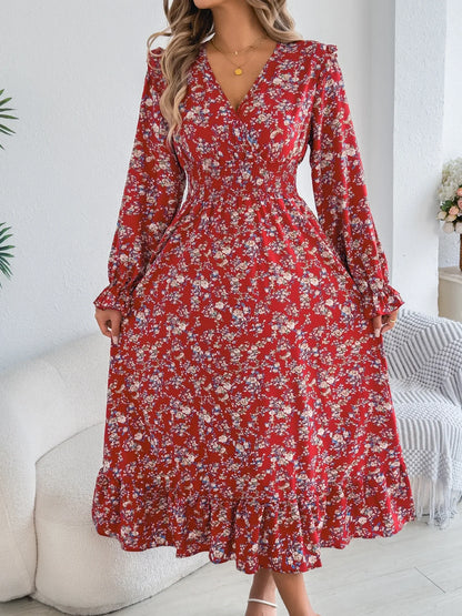 Women's Elegant Floral Cross V-Neck Waist-Defined Hem Ruffle Maxi Dress - Gizmo Galaxy