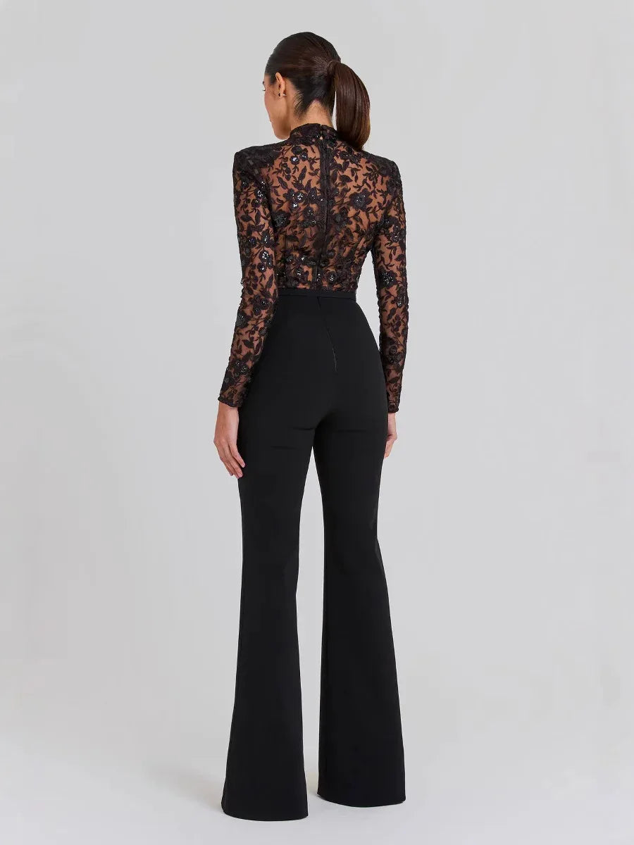 Black See-through Lace Long-sleeved Trousers Jumpsuit - Gizmo Galaxy