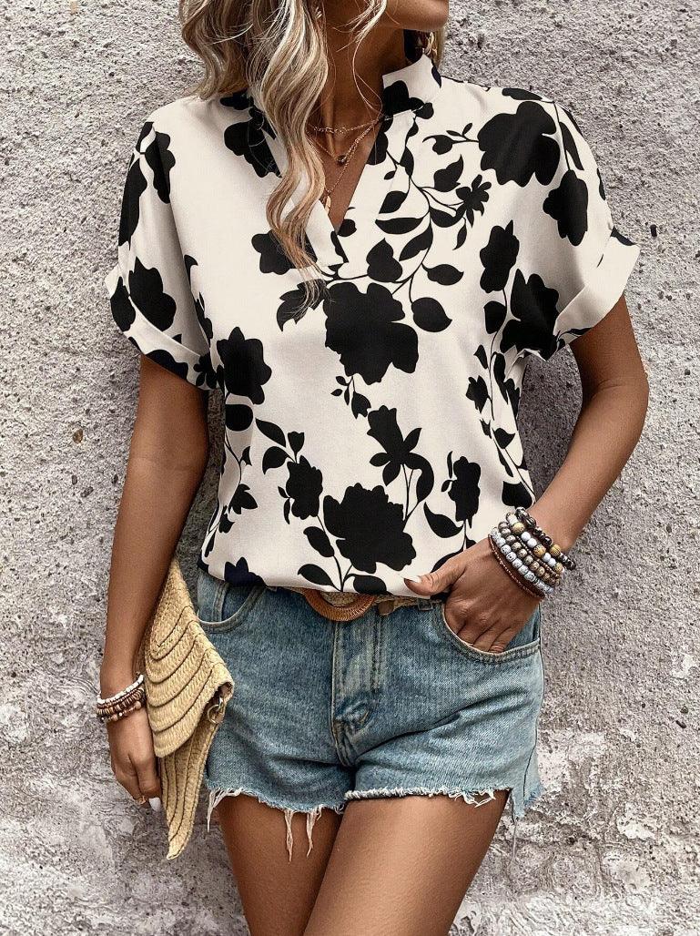 Big Floral Print V-neck Batwing Sleeve Leisure Loose Shirt - Gizmo Galaxy