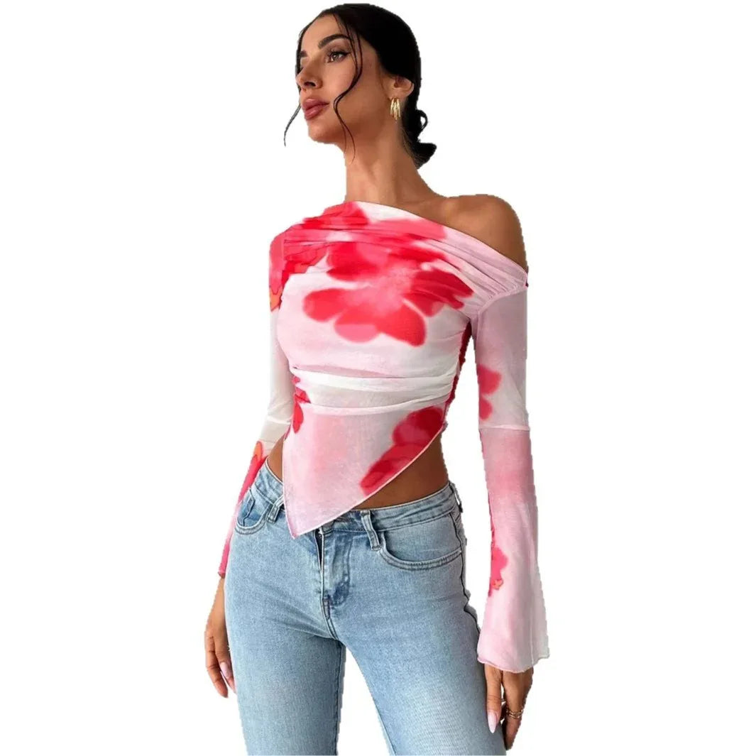 Women's Tie-dye Gradient Floral Mesh Floral Print Top - Gizmo Galaxy