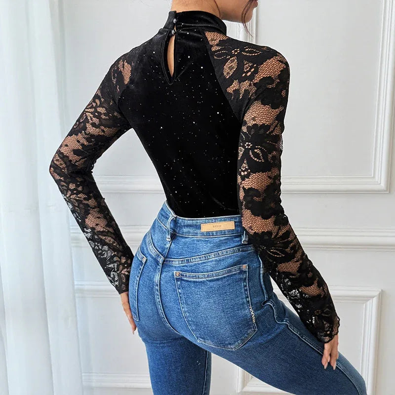 Retro-style Sexy And Elegant Half-high-neck Lace Bodysuit - Gizmo Galaxy