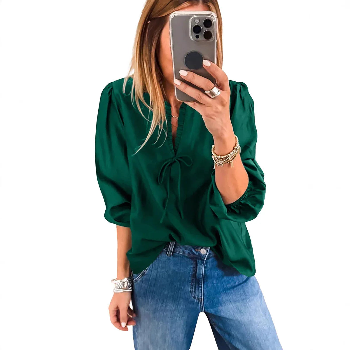 Women's Solid-color V-neck Long-sleeve Chiffon Blouse With Bow Tie Straps - Gizmo Galaxy