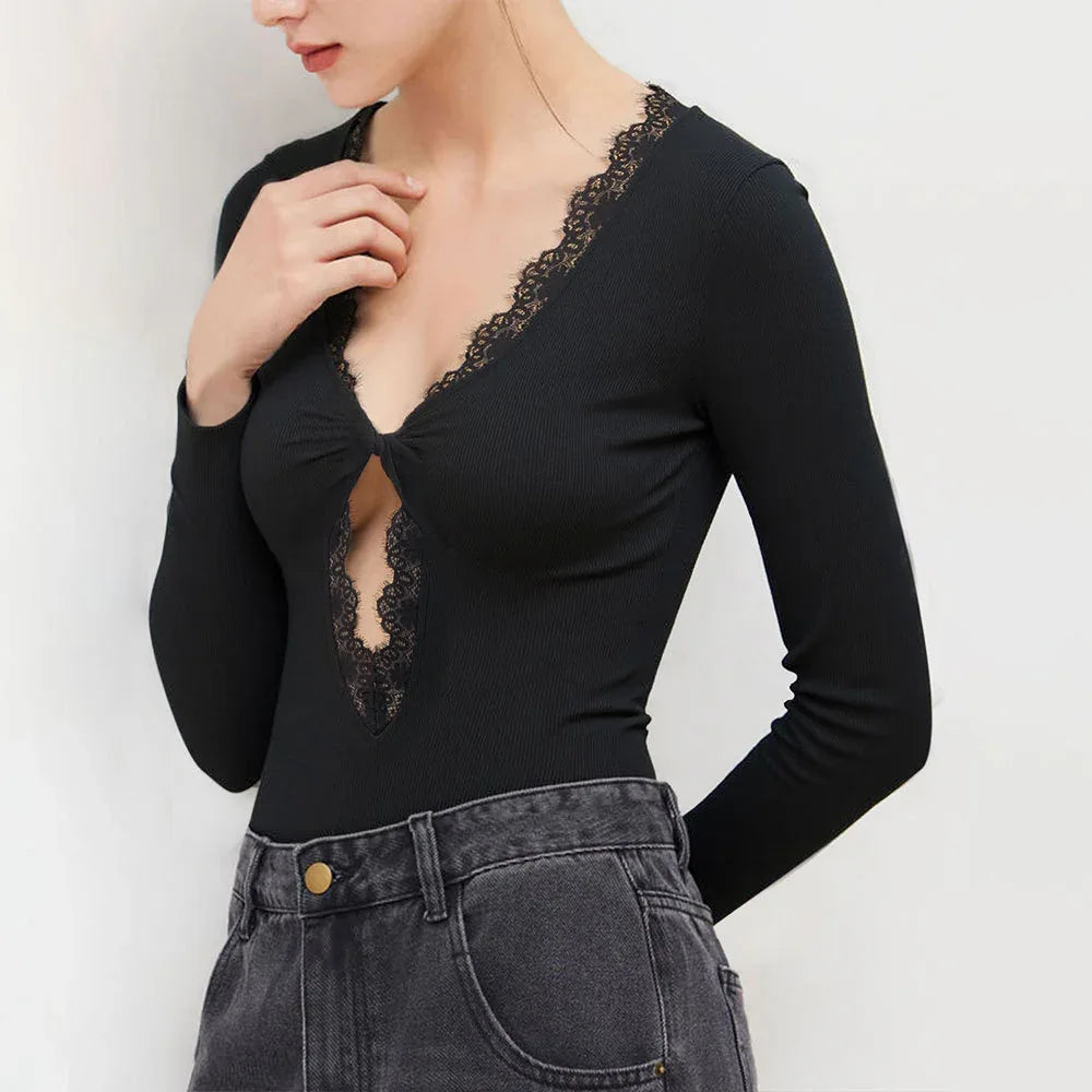 Autumn And Winter Black V-neck Lace-trimmed Twist Long-sleeved Hollow-out Design Slim-fit Bodysuit - Gizmo Galaxy
