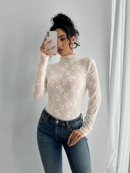 Butterfly Jacquard Mesh Slim Fit Stand-up Collar Long-sleeved - Gizmo Galaxy