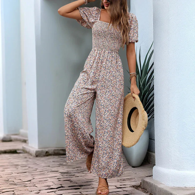 Square Collar Puff Sleeve Vacation Style Floral Jumpsuit - Gizmo Galaxy