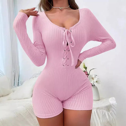 Solid Color V-neck Tie-front Home Jumpsuit - Gizmo Galaxy