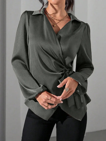 Women's Solid-color Designer-style Long-sleeve Satin Shirt - Gizmo Galaxy