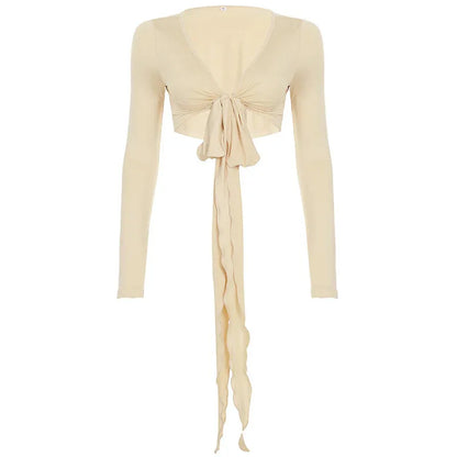 Pure Desire Strap Long-sleeved T-shirt Sexy Deep V-neck Short Blouse - Gizmo Galaxy