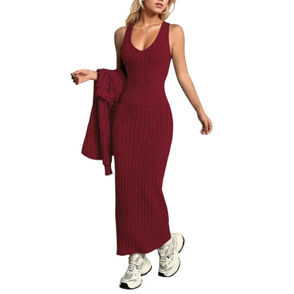 Elegant Commuter-style Light Mature Knitted Slip Dress Two-piece Set - Gizmo Galaxy