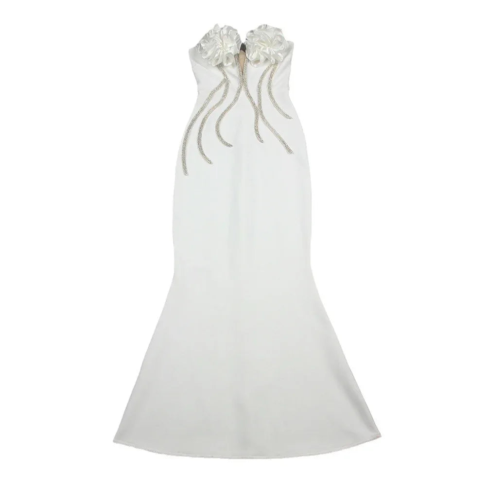 European And American Fashion New Style Temperament Socialite Flower Chain Strapless Long Type Evening Dress - Gizmo Galaxy
